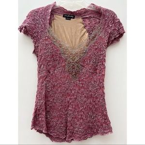 Ann Ferriday 90s Lace Stretch V Neck Purple Beaded Sequin Cap Sleeve Top Blouse